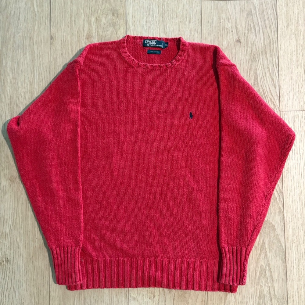 Vintage 90s Polo Ralph Lauren Red Cotton Knit Sweater Mens Medium Crewneck